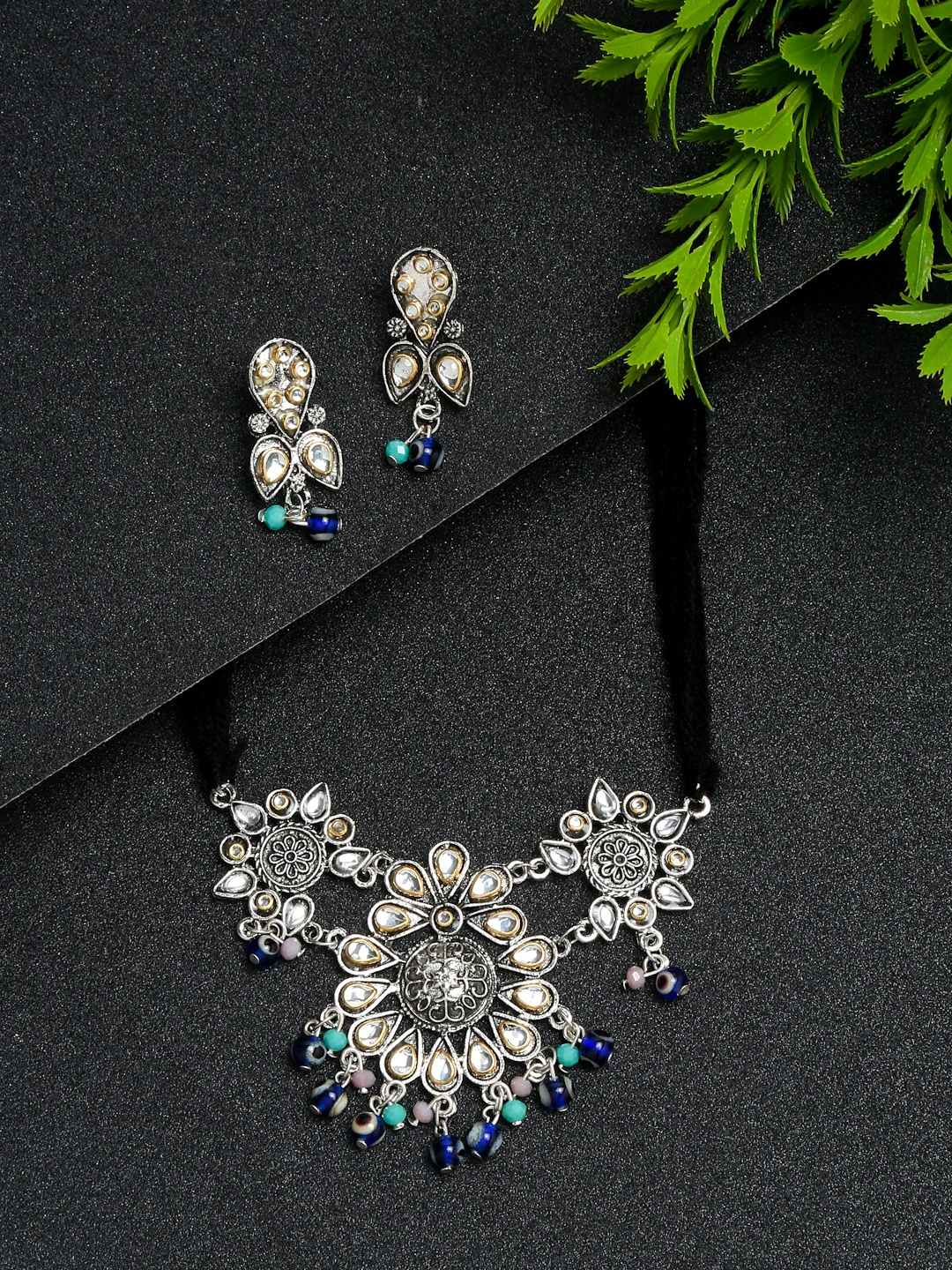 YouBella Jewellery Oxidised Silver Necklace Jewellery Set with Earrings for Girls and Women (Silver) (YBNK_50517)